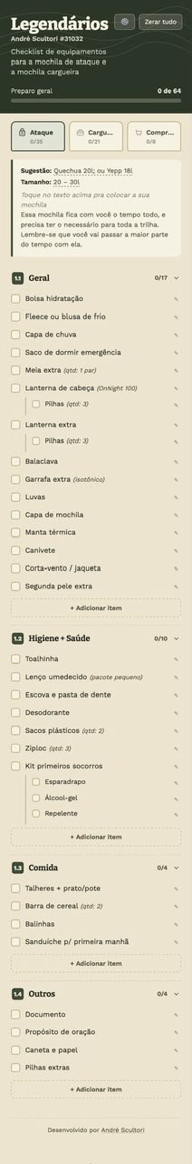 Legendários — Checklist de Equipamentos