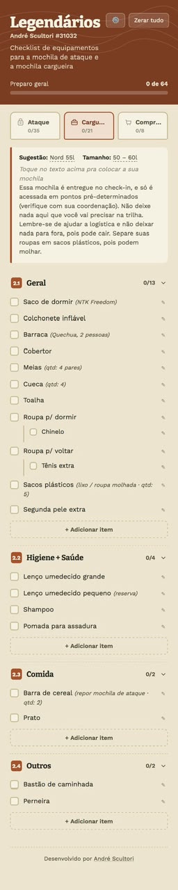Legendários — Checklist de Equipamentos