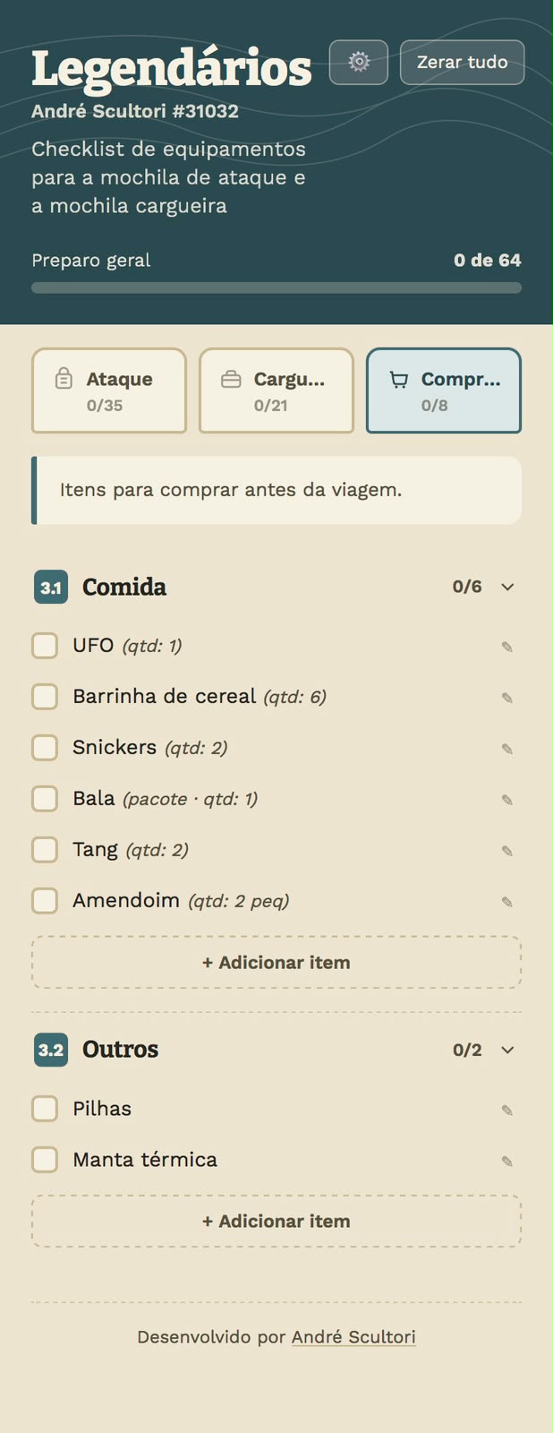 Legendários — Checklist de Equipamentos